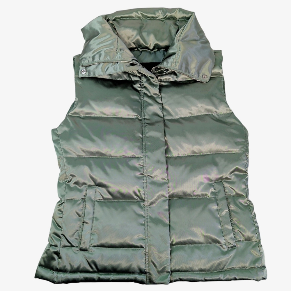 Talbots Metallic Green Puffer Vest Small Women's Down Filled Full Zip Collar
